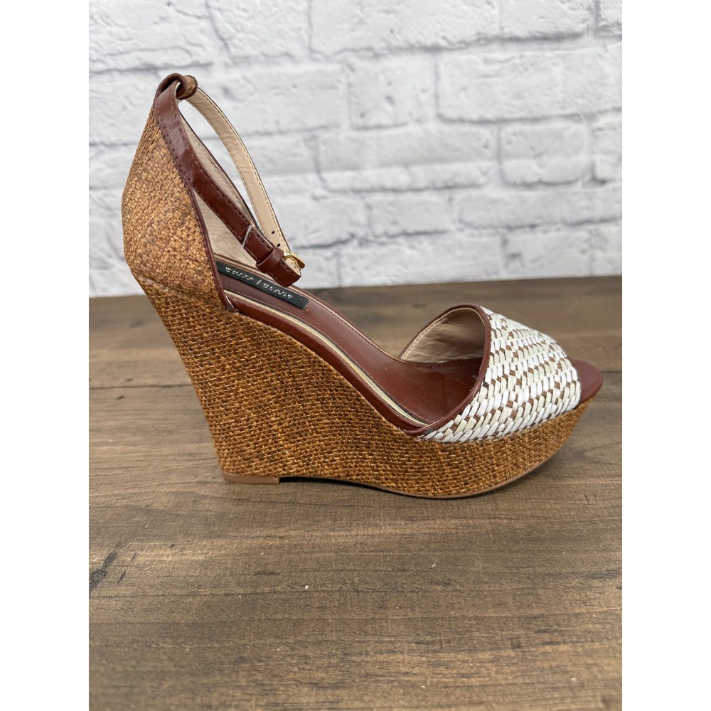 White House Black Market Raffia Wedge Heels Womens 7.5 Brown White Sandals Boho - Picture 12 of 13